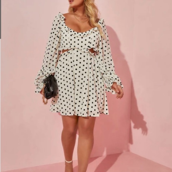 Dee Elly Mini Polkadot Dress Ruffles Long Sleeves Open Back Black Ivory Size S - Picture 2 of 7